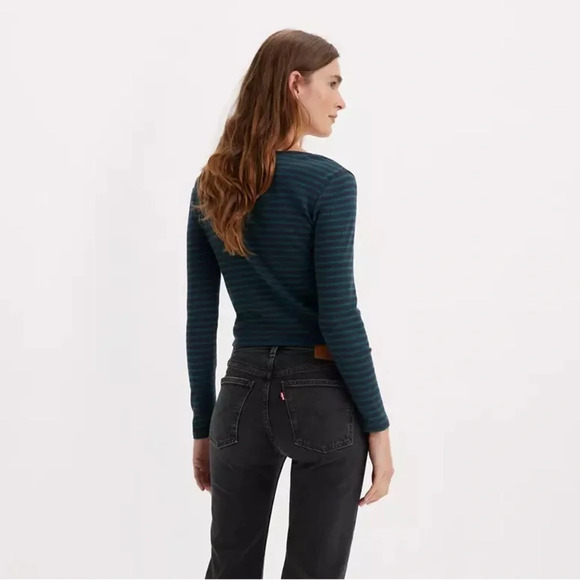 Levi’s Women’s LONG SLEEVE BRITT SNAP FRONT TOP  Green and Navy Stripes Size XL - Picture 3 of 12